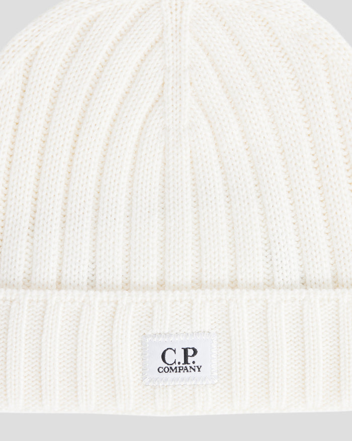 Extra Fine Merino Wool Logo Beanie Gauze White