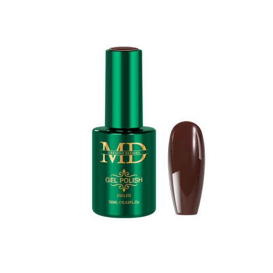 Green gel polish bottle with a brown nail tip color swatch on a white background