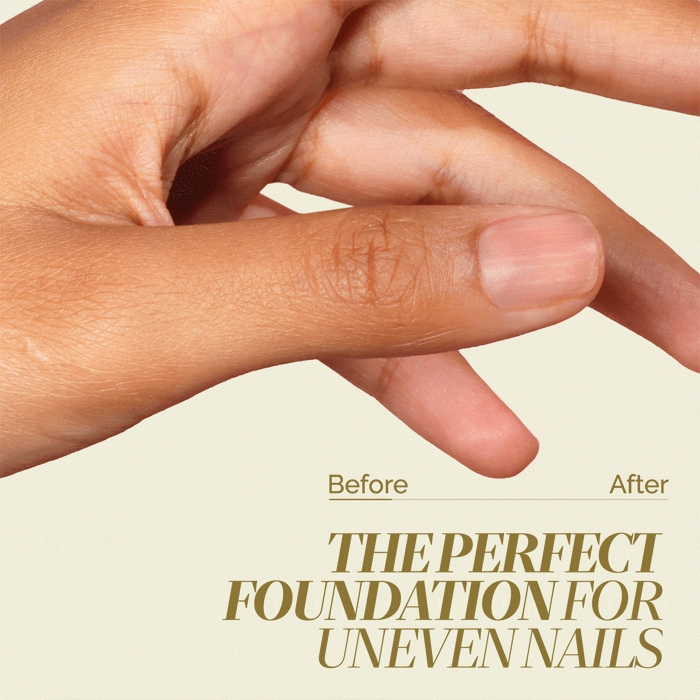A hand shows uneven nails before and smoother nails after, with the text: "LONDONTOWN Fortifying Ridge Filler hides ridges for smooth, flawless nails.