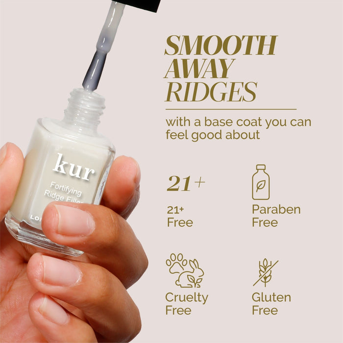 Hand holding a bottle of LONDONTOWN Fortifying Ridge Filler with brush, 21+ free, paraben free, cruelty free, and gluten free. Use as a ridge filler and nail smoother for flawless nails.