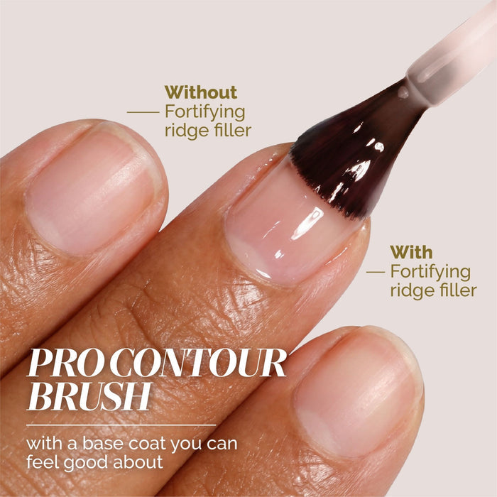 A close-up shows a nail painted with LONDONTOWN's Fortifying Ridge Filler, comparing nails with and without the product. Text highlights how this nail base helps achieve smoother, healthier-looking nails.