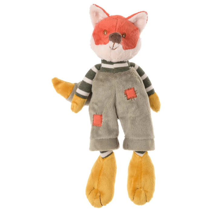 Plush fox stuffed animal with orange face, gray overalls, striped sleeves, and yellow feet