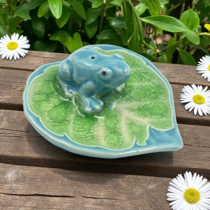 Frog on Leaf Ceramic Incense Holder – Light Blue and Green