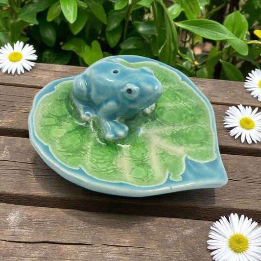 Frog on Leaf Ceramic Incense Holder – Light Blue and Green
