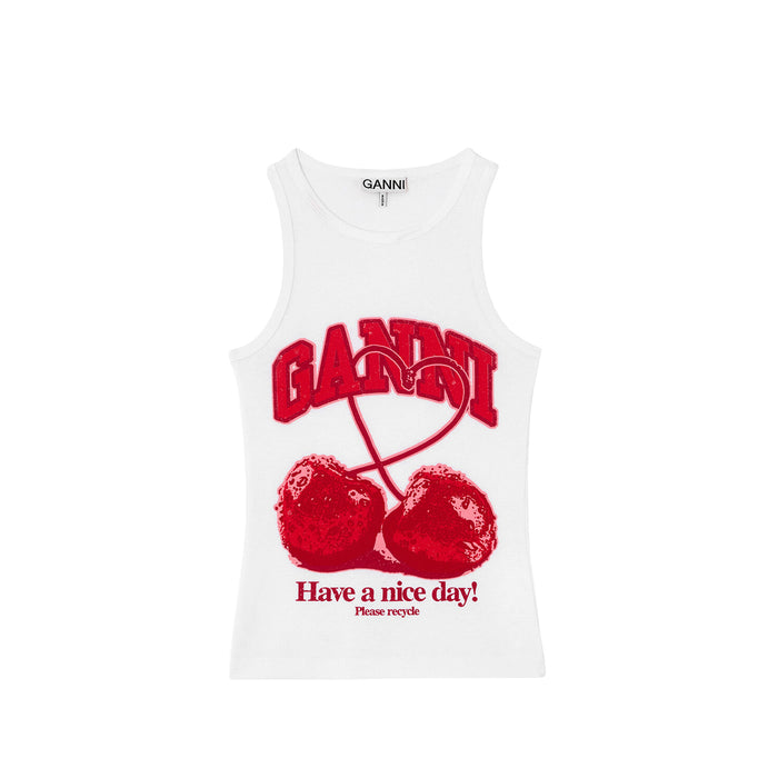 Ganni COMPACT RIB JERSEY TANK CHERRY, Bright White