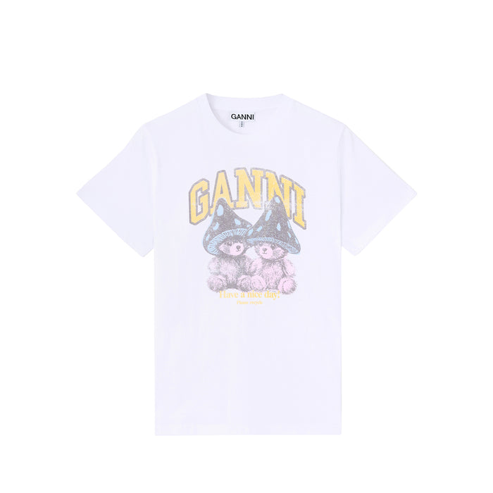 Ganni RELAXED T-SHIRT TEDDY MUSHROOMS, Bright White