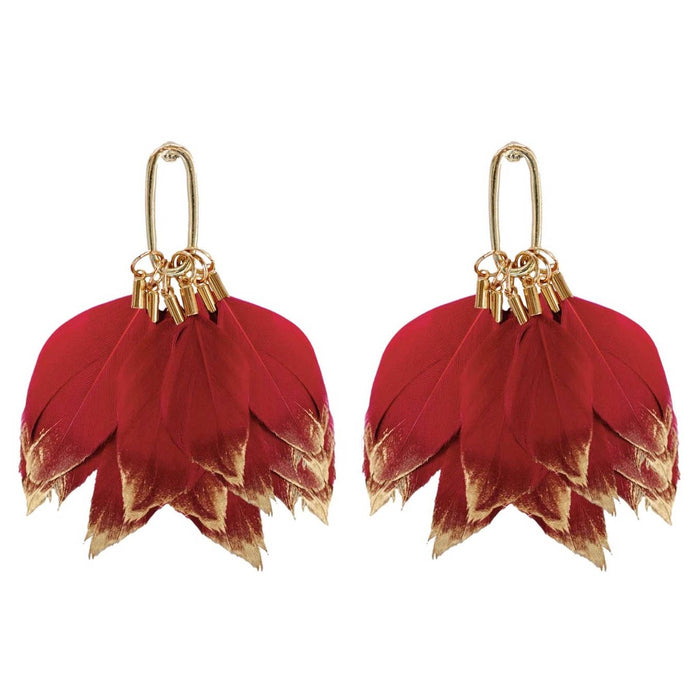Gold dipped feather earrings with garnet accents from St Armands Designs of Sarasota, elegant fall statement jewelry.