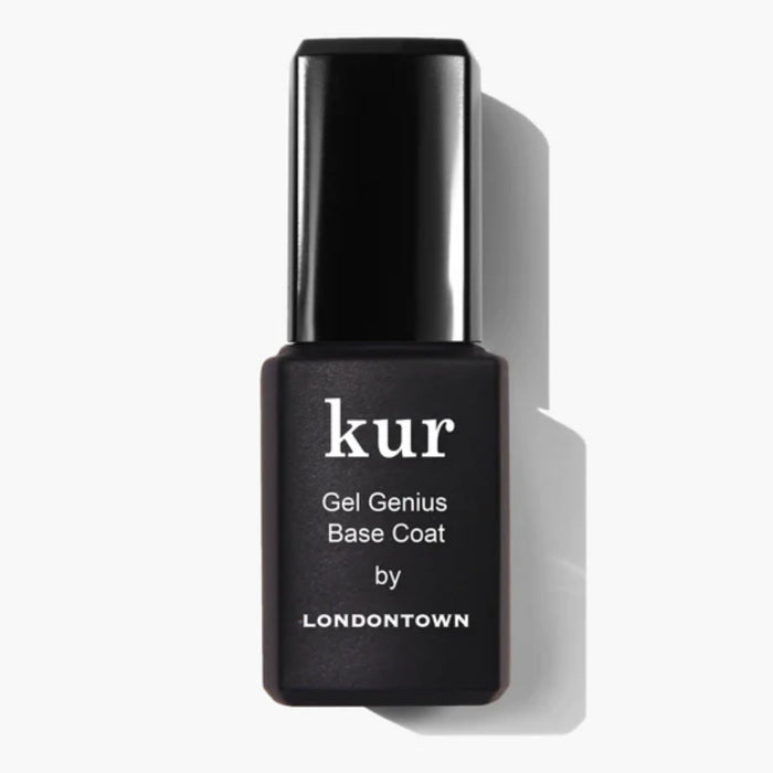 A black rectangular bottle labeled "Gel Genius Base Coat" by LONDONTOWN, an essential nail primer and polish base, is placed on a light background with its shadow visible to the right.