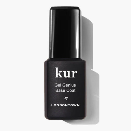 A black rectangular bottle labeled "Gel Genius Base Coat" by LONDONTOWN, an essential nail primer and polish base, is placed on a light background with its shadow visible to the right.