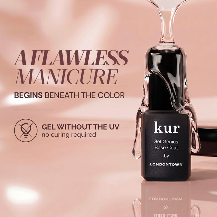 A bottle of LONDONTOWN Gel Genius Base Coat, featuring clear liquid and text highlighting its gel-like finish that delivers a flawless manicure without UV light or curing.
