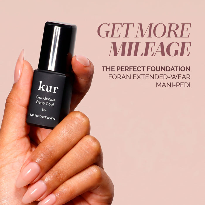 A manicured hand holds a bottle of LONDONTOWN Gel Genius Base Coat against a pink background with promotional text.