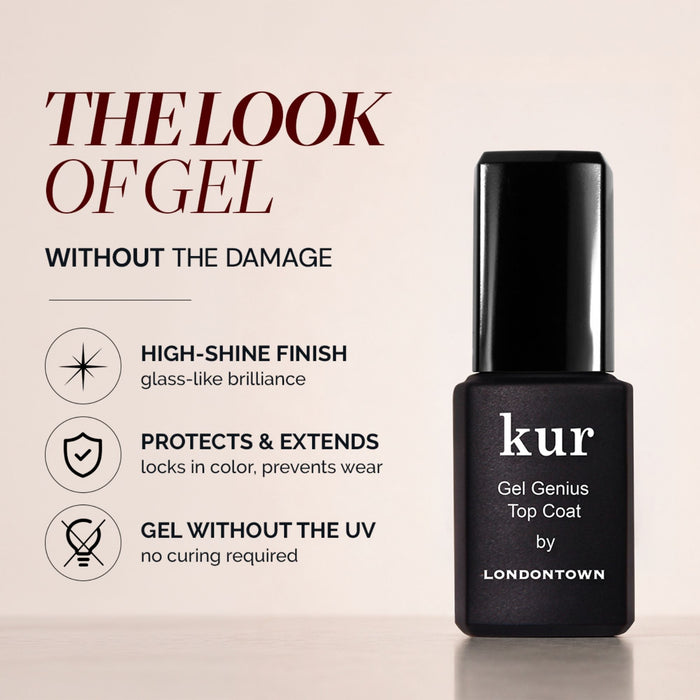 LONDONTOWN’s Gel Genius Top Coat in a sleek black bottle delivers a best-selling, high-shine, gel-like finish and strong protection—no UV curing required.