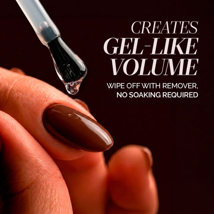 A hand with brown polished nails features the LONDONTOWN Gel Genius Top Coat applied by brush. Text reads: "Creates gel-like mani volume. Wipe off with remover, no soaking required.