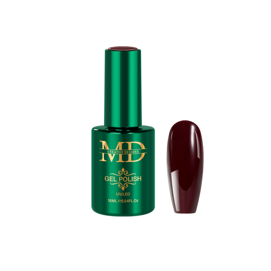 Green gel polish bottle with a maroon nail tip color swatch on a white background