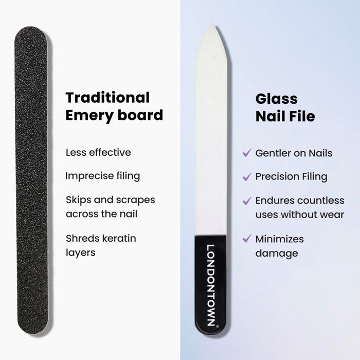 Comparison between a traditional emery board and the Glass Nail File - Black by LONDONTOWN. The emery board is less effective and can damage nails, while the Glass Nail File - Black offers precision, durability, and effortless, damage-free nail filing.