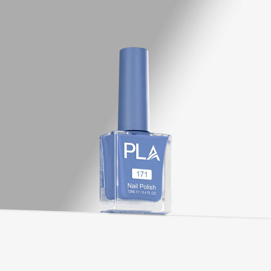 Blue nail polish bottle with 'PLA' branding on a gray background
