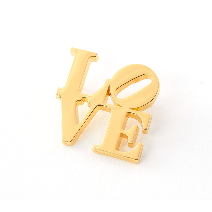 Gold LOVE letter lapel pin, polished metal finish