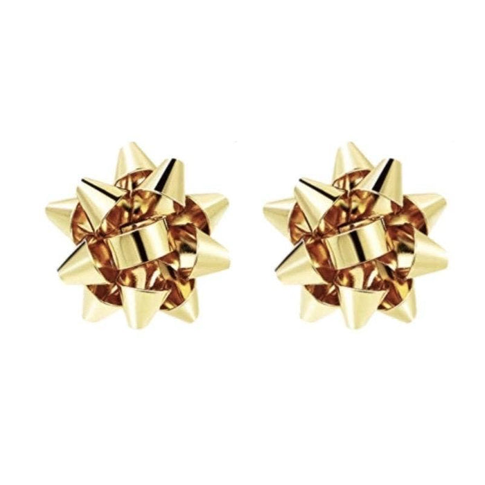 Gold present bow earrings by St Armands Designs of Sarasota featuring festive gift box shapes and elegant jewelry design.