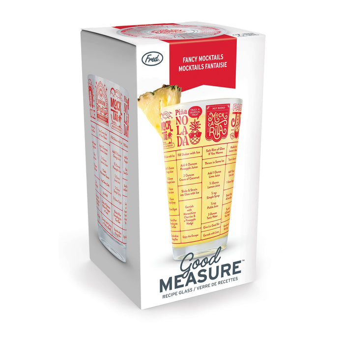 Fred & Friends Good Measure Recipe Glass for mocktails, clear glass with measurement markings and colorful recipe illustrations.