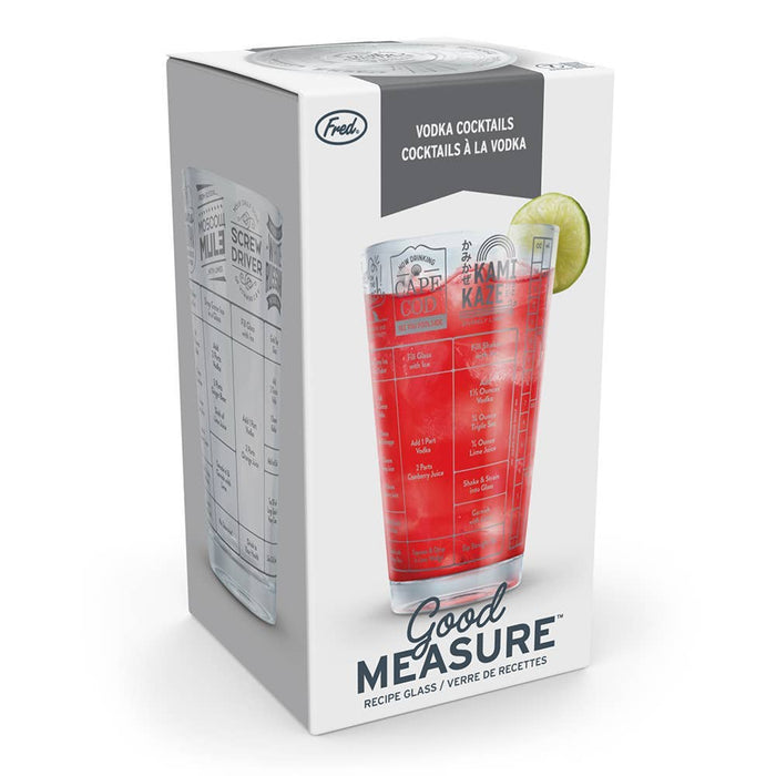 Fred & Friends Good Measure Recipe Glass for Vodka, clear drinking glass with printed measurement and recipe details for cocktails.