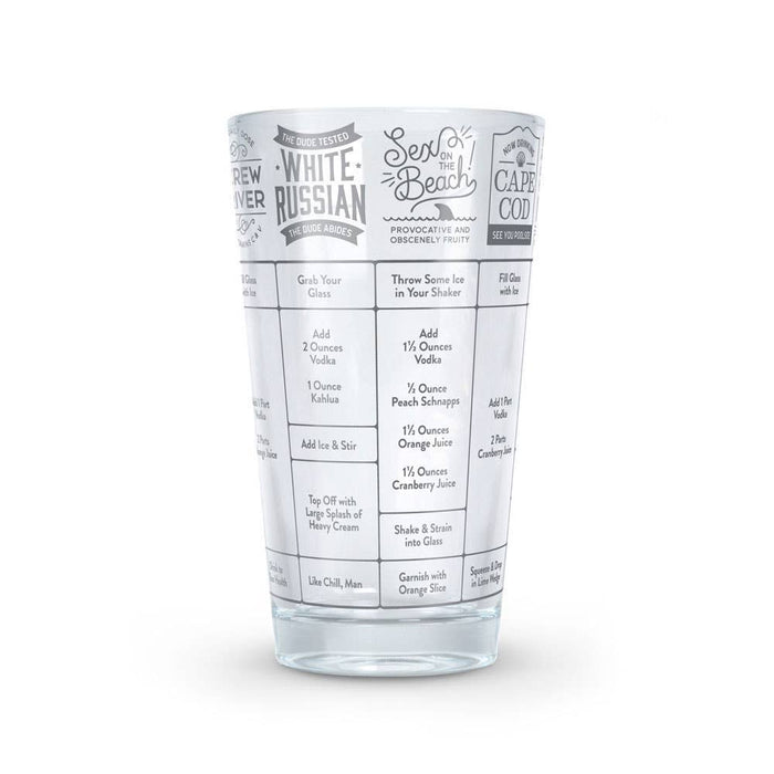 Fred & Friends Good Measure Recipe Glass for vodka, clear barware with measurement markings, ideal for cocktail mixing and drinking.