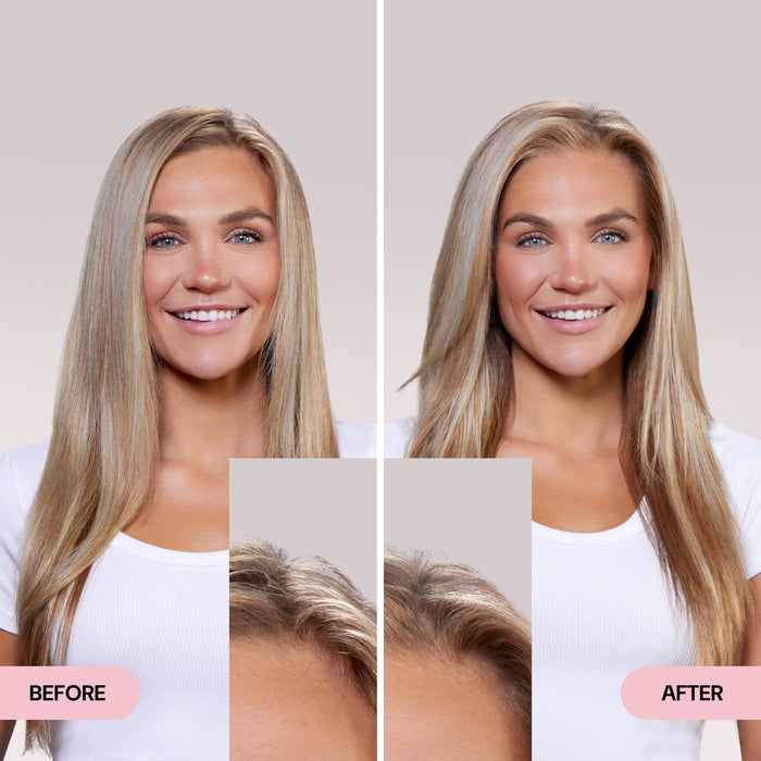 Side-by-side before and after photos showing a woman with straight blonde hair, highlighting a visible improvement in hair volume and shine.