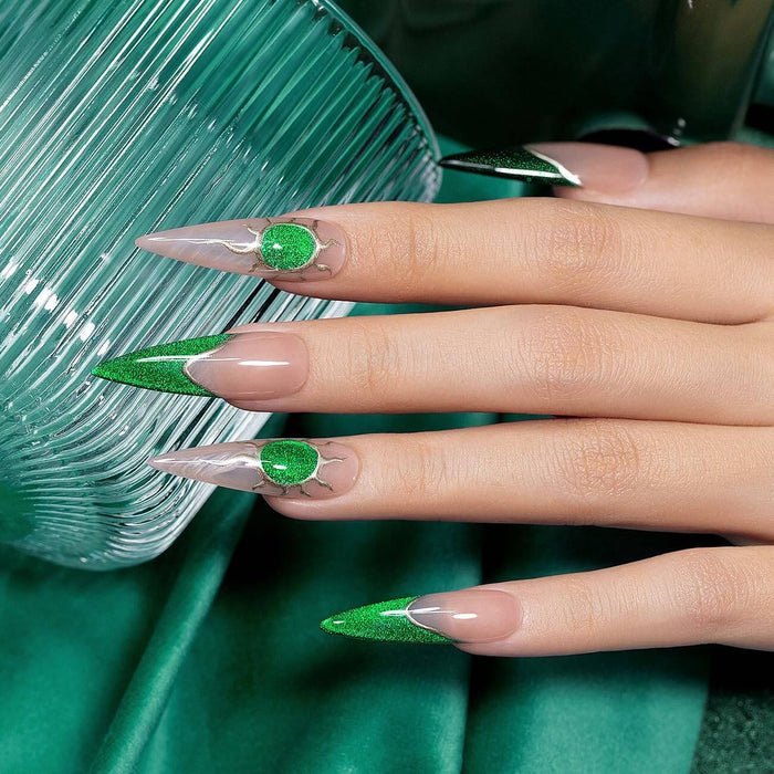 Green Glitter Cat Eye Nails Shiny Magic Starlight Effect