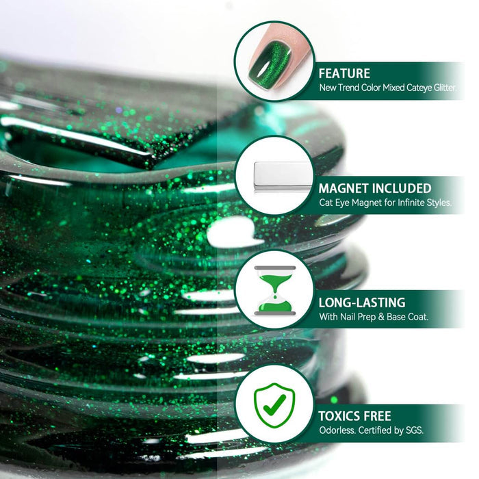 Christmas Green Glitter Cat Eye Gel Polish Bottle Detail Shimmer