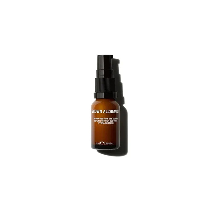 Grown Alchemist Hydra-Restore Eye Serum in 15ml bottle showing sleek packaging and applicator for skincare.