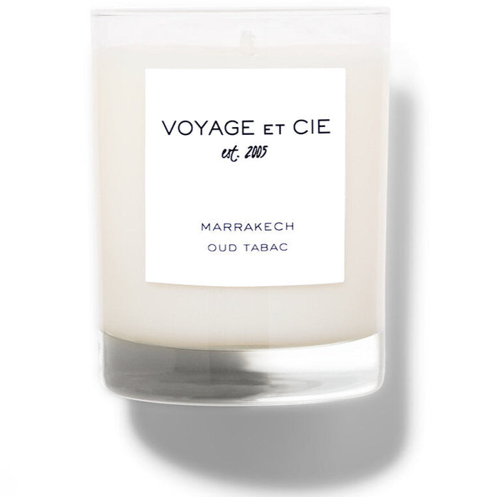 Highball 14oz candle in clear glass labeled Marrakech Oud Tabac