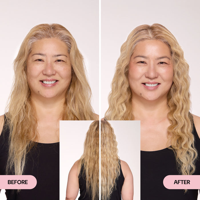 Before and after image of a woman with long blonde hair showing enhanced definition and smooth waves.