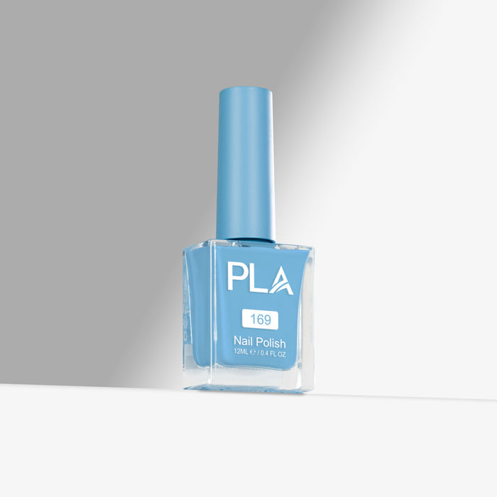 Blue nail polish bottle with 'PLA' branding on a gray background