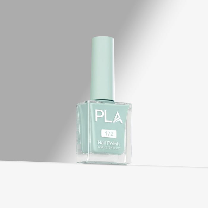 Mint green nail polish bottle with 'PLA' branding on a gray background