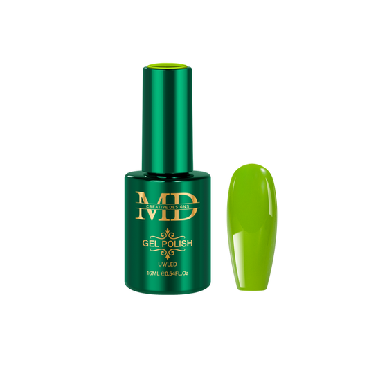 Green gel polish bottle with a matching nail tip color swatch on a white background