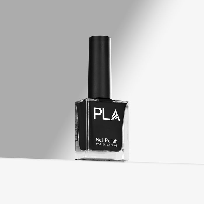 Black nail polish bottle with 'PLA' branding on a gray background