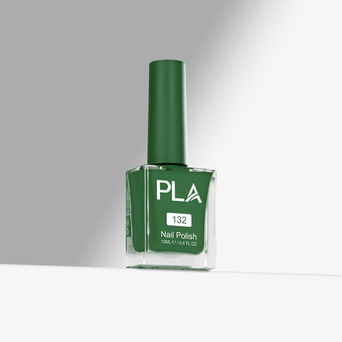 Green nail polish bottle with 'PLA' branding on a gray background