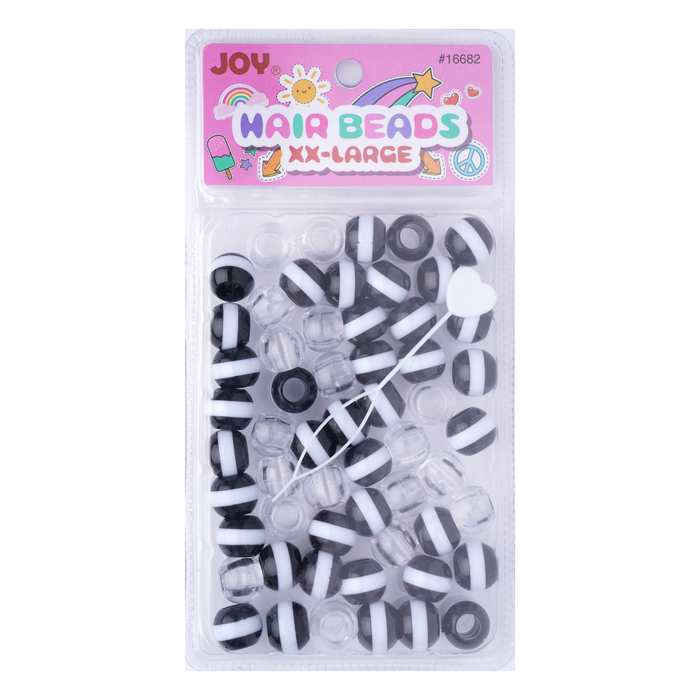 Joy Round Hair Beads XX-Large Size, 60 Count, Black Stripe Clear Mix