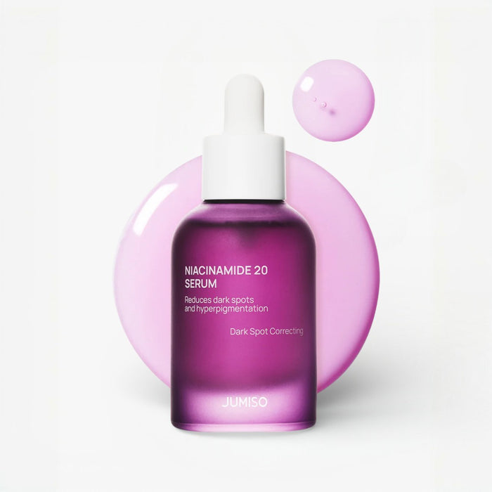 JUMISO Niacinamide 20 Serum - Dark Spot Correcting in a glass bottle with dropper against a colorful backdrop.
