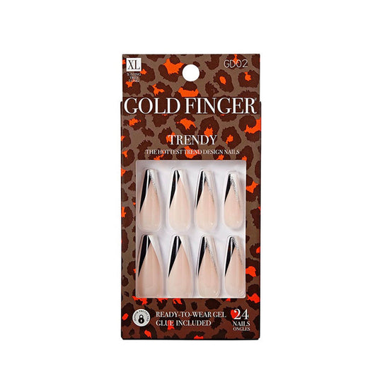 IVY BEAUTY by KISS XL gold finger trendy nails ready to wear long almond press on nails black diagonal tips