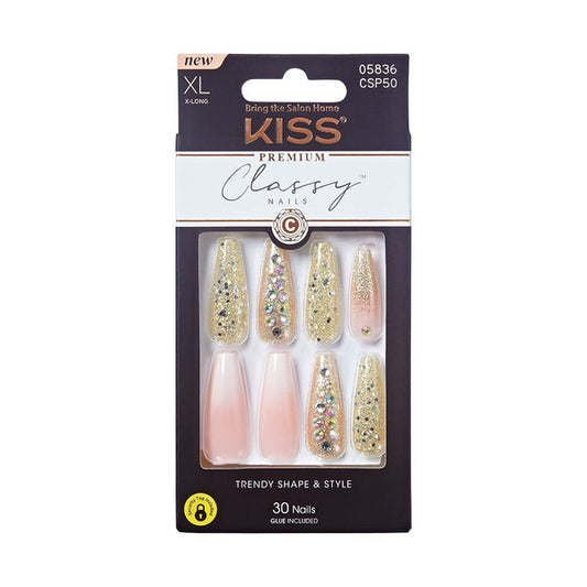 Kiss Premium Classy XL press on nails. long gold glitter rhinestone and pink ombre 30 nails in box