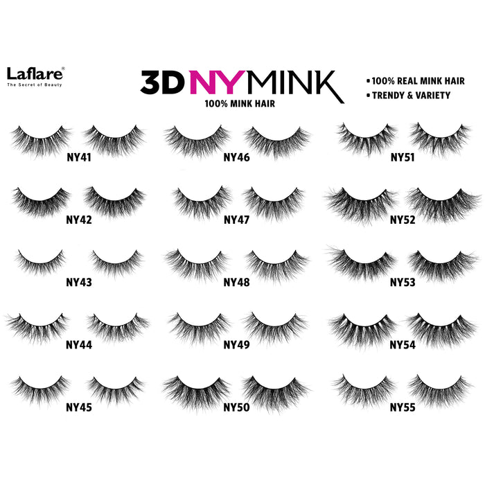 LAFLARE 3D NY mink false eyelash assortment showing styles NY41 to NY55 on white board 3D mink lashes for dramatic look.