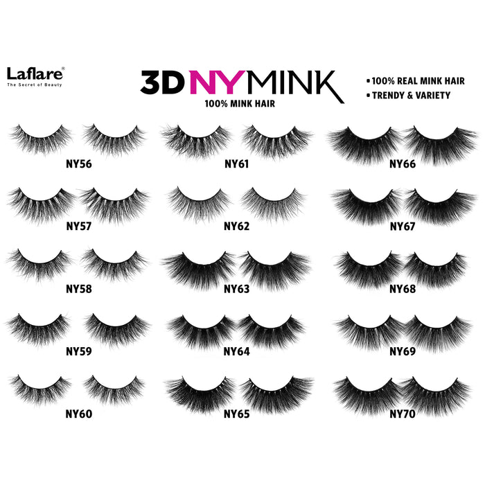 LAFLARE 3D NY mink eyelash style chart showing sets NY56 to NY70 with variety 3D mink lashes for dramatic look