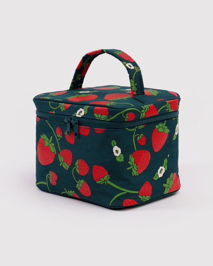 Large cosmetic case with green background and red strawberry print, zip top and handle.