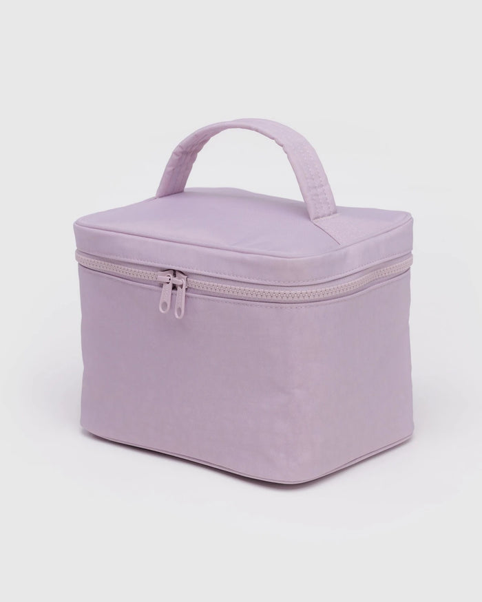 Large lavender cosmetic case with top handle and zip closure.