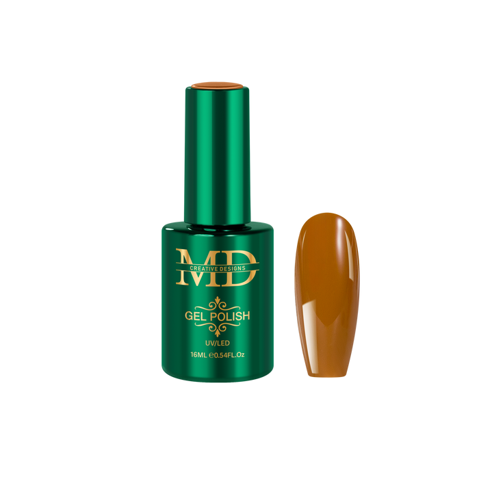 Green gel polish bottle with a brown nail tip color swatch on a white background