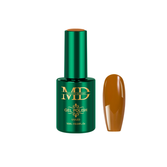 Green gel polish bottle with a brown nail tip color swatch on a white background