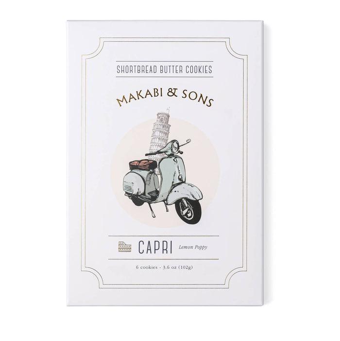 Shortbread butter cookie box, Makabi & Sons Capri, lemon poppy cookie label