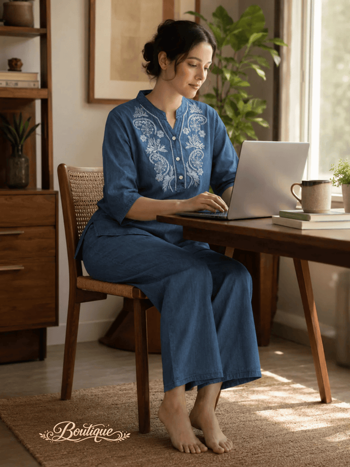 Light Blue Denim Wash Cotton Co Ord Set for Women with Embroidery
