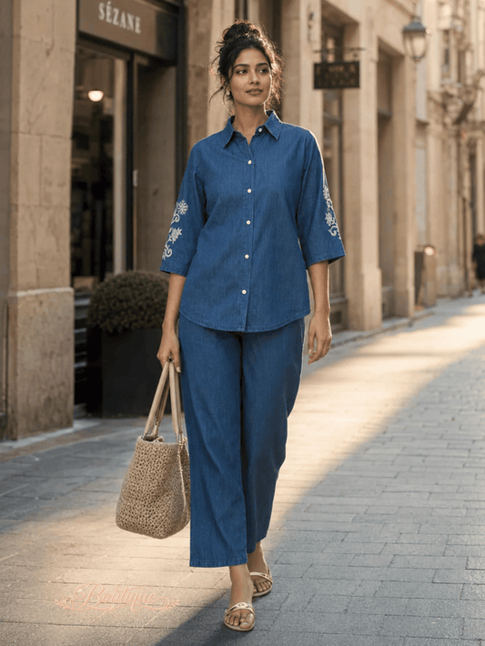 Light Blue Pure Cotton Denim Wash Co Ord Set for Women