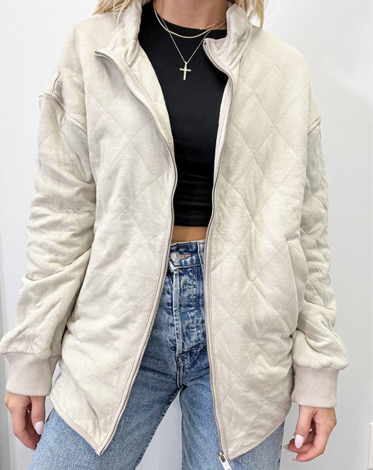 LONG SLEEVE HIGH NECK JACKET WITH FRONT ZIPPER CLOSURE-TAUPE